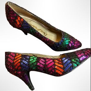 VINTAGE 80S "IMPO" RAINBOW SEQUIN BEADED HIGH HEEL PUMPS SIZE 5.5